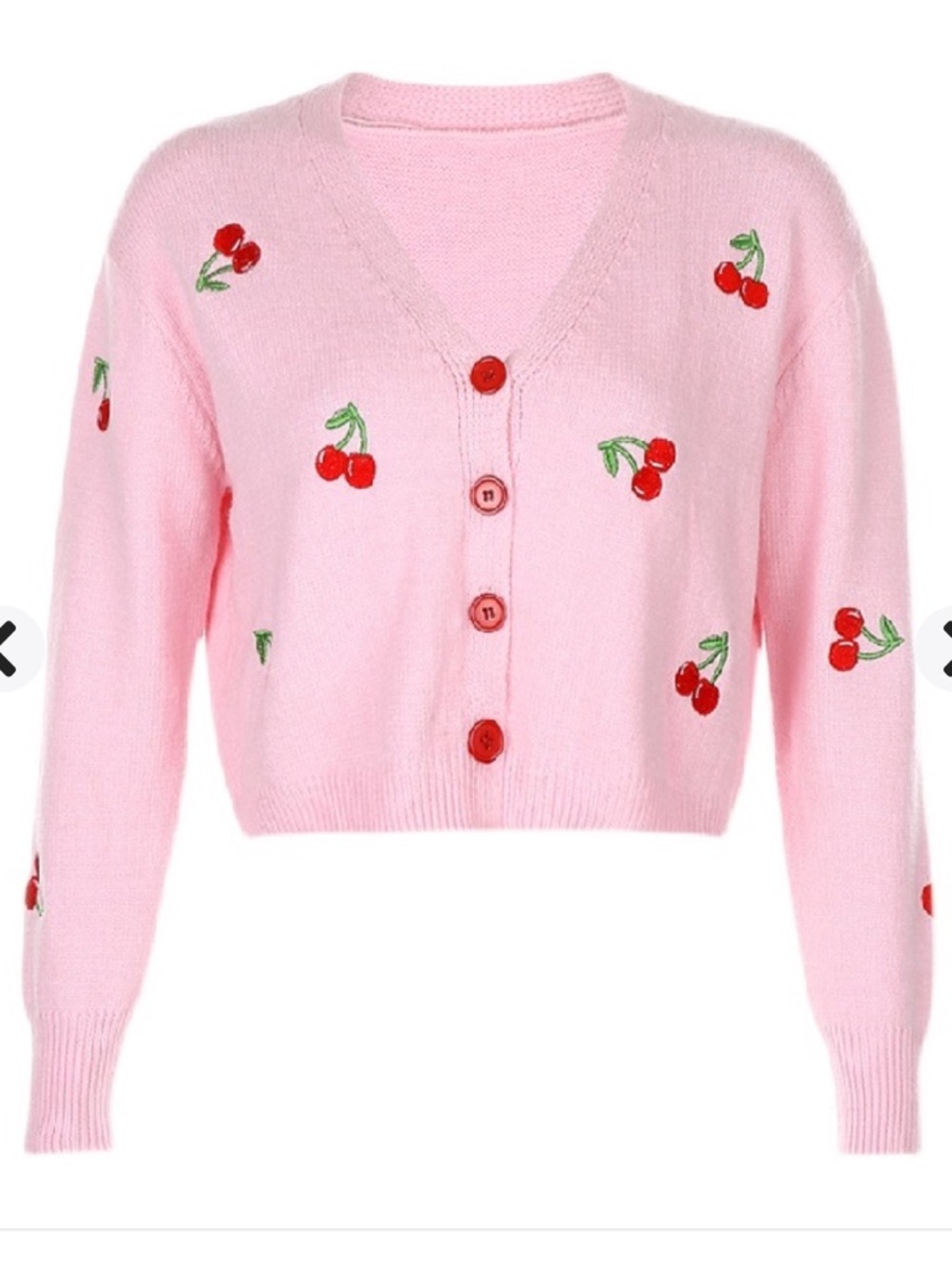 Pink Cherry Embroidered V‑Neck Cardigan